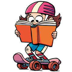 girl rides a skateboard and reads a book