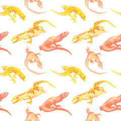 Fototapeta premium Lizards in yellow and red color on white background. Watercolor drawn lizard seamless pattern. Reptile illustration, animals of tropical forest. Design for fabric, packaging, textile, decor, covers.