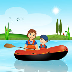 father and son on rubber dinghy on the river