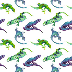 Lizards in blue and green color on white background. Watercolor drawn lizard seamless pattern. Reptile illustration, animals of tropical forest. Design for fabric, packaging, textile, decor, covers.