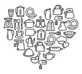 Fototapeta na wymiar Cooking set of kitchenware line icons in heart
