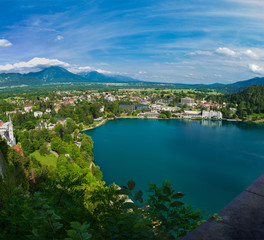 View from the castle on the coast of the turquoise lake Bled, Slovenia.