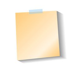 Orange sticker sheet with shadow, pinned adhesive tape, ready for your use. Notice board element. Perfect for back to school or business design theme. Isolated on white background. Front view. 