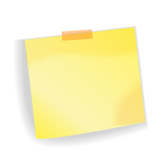 Yellow sticker sheet with shadow, pinned adhesive tape, ready for your use. Notice board element. Perfect for back to school or business design theme. Isolated on white background. Front view. 