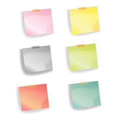 Set of notes with shadow, pinned adhesive tape, ready for your use. Notice board element. Perfect for back to school or business design theme. Isolated on white background. Front view. 