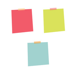 Set of red, green and blue notes, pinned adhesive tape, ready for your use. Notice board element. Perfect for back to school or business design theme. Isolated on white background. Front view. 