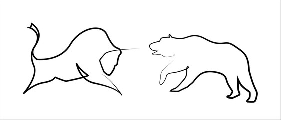 Stock trend, bear and bull in one line style. Illustration of confrontation between two market participants. Hand drawing style, trading platform indicator. Vector Stock trend logo, icon, symbol
