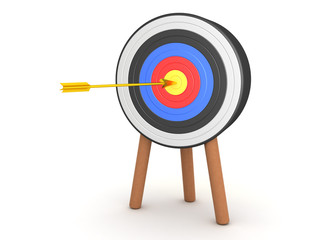 3D Rendering of golden arrow hitting the center of a target