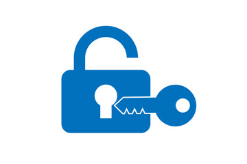 Safety pad lock with key icon vector (blue version)
