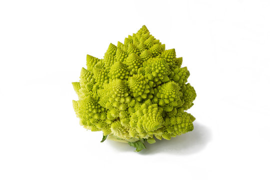 Green raw cabbage romanesco closeup isolated at white background