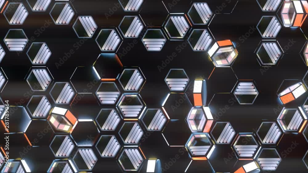 Fototapete Random rotation of shiny colored honeycomb pattern on a dark background. Graphic design. Digital modern abstract loop animation. 3D rendering. HD resolution