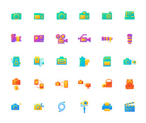 Brilliant colorful gradient design icon set of photography camera, cinema or movie camera, action camera and accessories concept. 128x128 pixel perfect icon when downsize to 1468x1240.