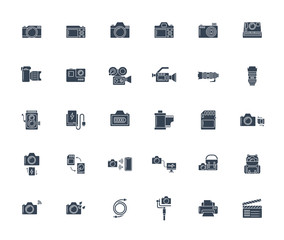 Solid or glyph design icon set of photography camera, cinema or movie camera, action camera and accessories concept. 128x128 pixel perfect icon when downsize to 1468x1240.