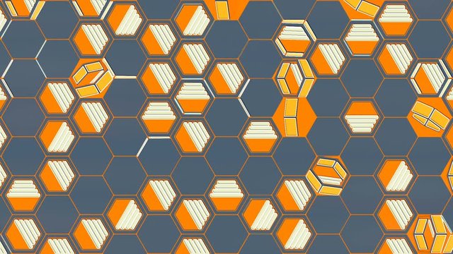 Random rotation of colored honeycomb pattern on a dark background. Flat graphical design. Digital modern abstract loop animation. 3D rendering. HD resolution