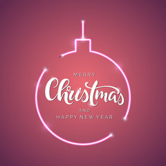 Merry Christmas script lettering inscription. Hand lettering card. Modern calligraphy for Christmas. Vector neon sign. Abstract background with bright vector neon ball. 