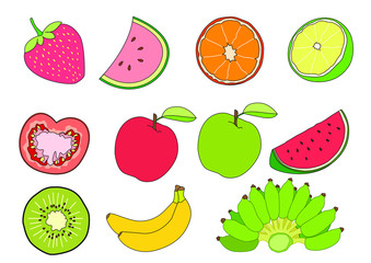Watermelon Orange Lemon Tomato  Apple red  Apple green Kiwi Strawberry and Banana Fruit on white background  illustration vector