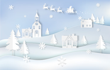 Winter holiday Santa and deer in village with snowflake. Christmas season paper art style illustration.