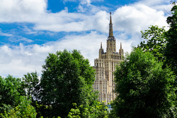 Moscow, Russia, June 16, 2019. View from territory of Moscow zoo on residential building on...
