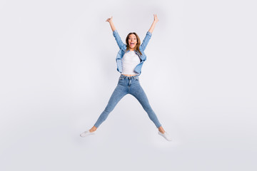 Summer holiday concept. Full length size body photo of pretty in good mood lady raising hands up isolated grey background