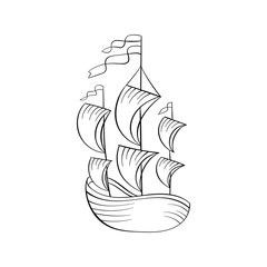 Sailboat black and white vector illustration. Ancient vessel with sails and flags sketch for coloring book. Vintage ship on waves engraving. Travel agency logo. Voyage tour poster design element