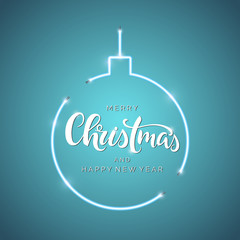 Merry Christmas script lettering inscription. Hand lettering card. Modern calligraphy for Christmas. Vector neon sign. Abstract background with bright vector neon ball. 