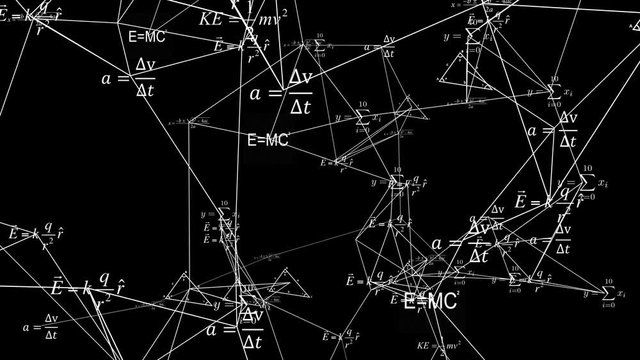 Abstract digital futuristic motion background with math, physics symbols and mesh network grid. Digital animation of mathematical equation written down in white ink on black background.