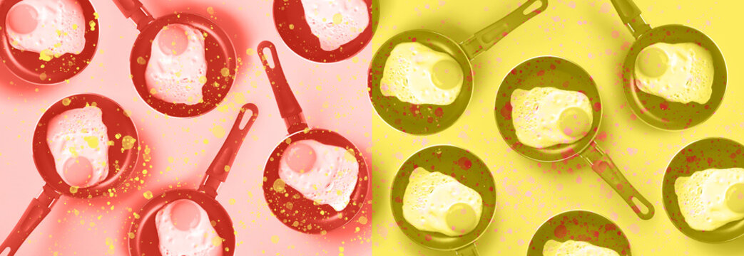 Creative food pattern with fried eggs on pans over trendy pastel coral and yellow background. Top view.