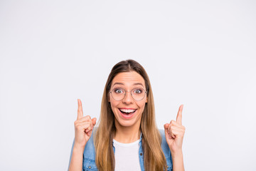 Closeup photo portrait of cool modern humorous cheerful business lady demonstrating promoting new product asking to look over head isolated grey background
