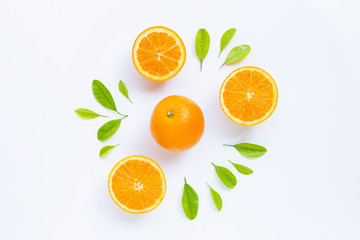 High vitamin C, Juicy and sweet. Fresh orange fruit with green leaves  on white.