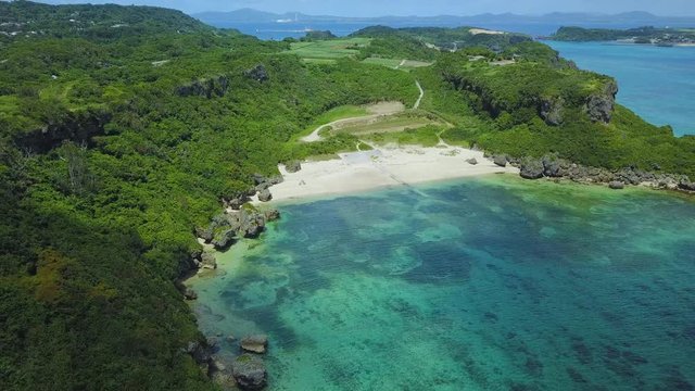 Aerial view of seashore and beach, Kafu Banta, Miyagi Island, Japan