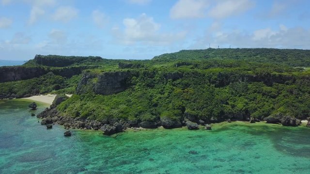 Aerial view of seashore and beach, Kafu Banta, Miyagi Island, Japan