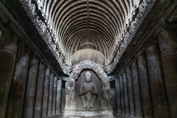 Aurangabad/India-06.02.2019:The view inside old hindu cave temple in India