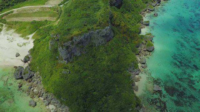 Aerial view of seashore and beach, Kafu Banta, Miyagi Island, Japan