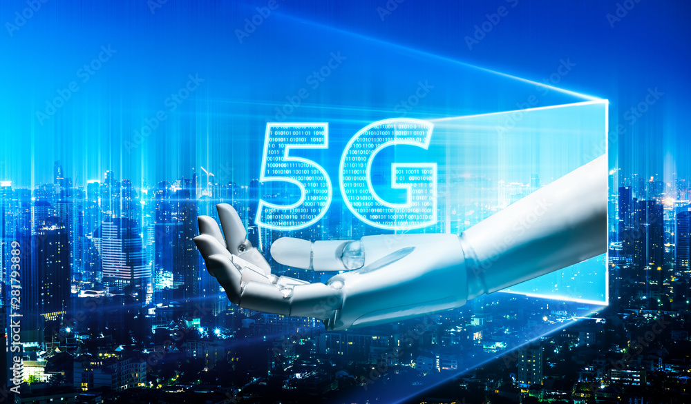 Poster robot android hand holding icon 5g.5g network digital hologram and internet of things on city backgr