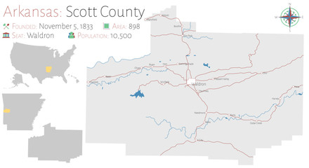 Large and detailed map of Scott county in Arkansas, USA