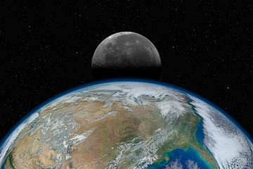 Planet Earth and Moon against dark starry sky background, elements of this image furnished by NASA