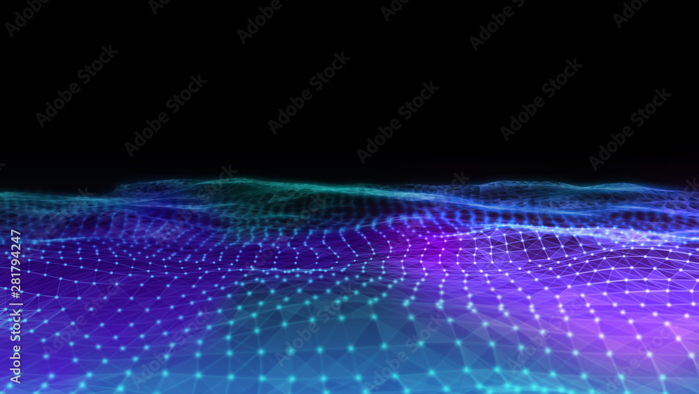 Poster illustration of particle wave movement futuristic computer digital.abstract 3d rendering of technolo