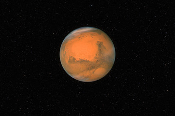 Planet Mars against dark starry sky background in Solar System, elements of this image furnished by...