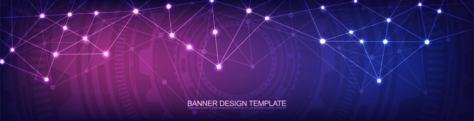 Website header or banner design with abstract geometric background and connecting dots and lines. Global network connection. Digital technology with plexus background and space for your text.