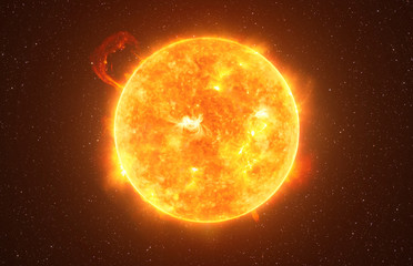 Heldere zon tegen donkere sterrenhemel in het zonnestelsel, elementen van deze afbeelding geleverd door NASA