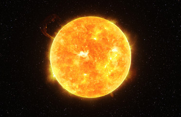 Heldere zon tegen donkere sterrenhemel in het zonnestelsel, elementen van deze afbeelding geleverd door NASA