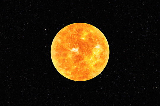 Bright Sun against dark starry sky in Solar System, elements of this image furnished by NASA