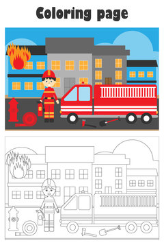 Fireman came to extinguish a fire, cartoon style, coloring page, education paper game for the development of children, kids preschool activity, printable worksheet, vector illustration