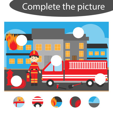 Complete the puzzle and find the missing parts of the picture, fireman fun education game for children, preschool worksheet activity for kids, task for the development of logical thinking, vector