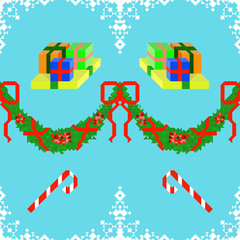 Seamless pattern with candy cane and gift boxes on a blue background framed by snowflakes and a green garland with red bows. Christmas, New Year and Boxes Day concept