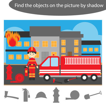 Find the objects by shadow, game with fireman for children in cartoon, education game for kids, preschool worksheet activity, task for the development of logical thinking, vector illustration
