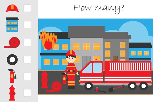 How many counting game, fire and fireman for kids, educational maths task for the development of logical thinking, preschool worksheet activity, count and write the result, vector illustration