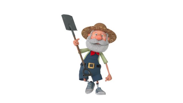 3D illustration the farmer costs with a shovel/3D illustration the grandfather the peasant poses in overalls with a shovel