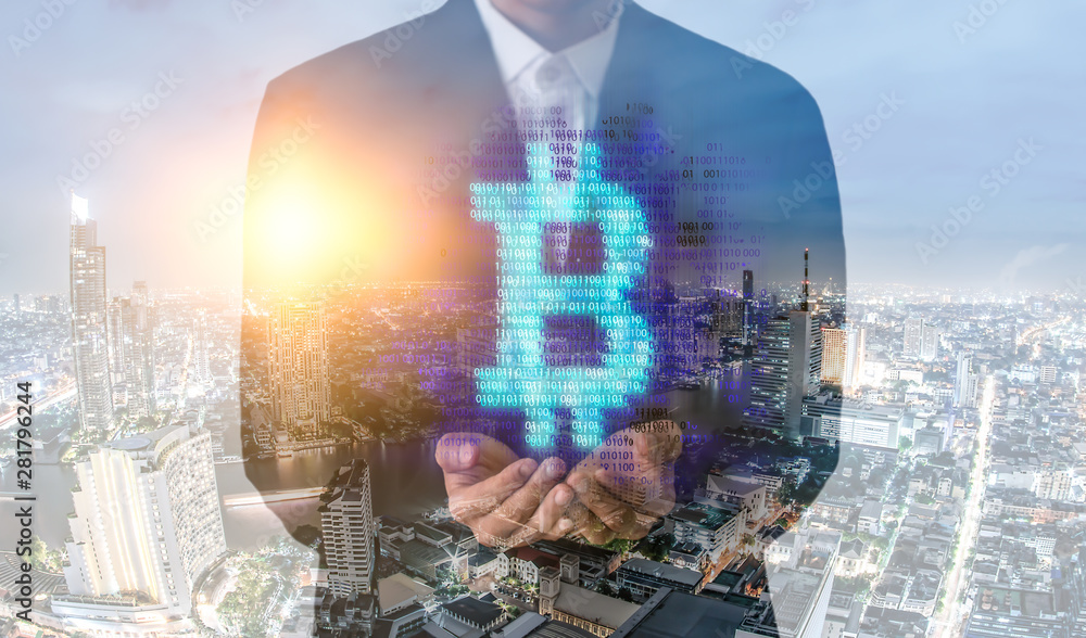 Aufkleber double exposure image of businessman hand holding bitcoin digital hologram and internet of things on