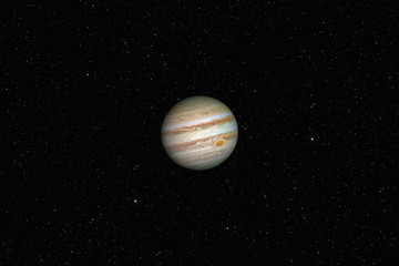 Planet Jupiter against dark starry sky background in Solar System, elements of this image furnished by NASA